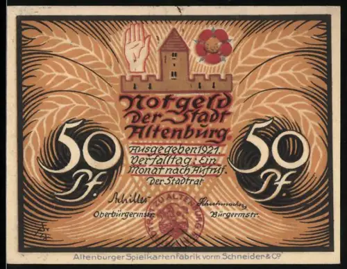 Notgeld Altenburg 1921, 50 Pf, Stadtsiegel und Frauen in Mantel u. Kopftuch