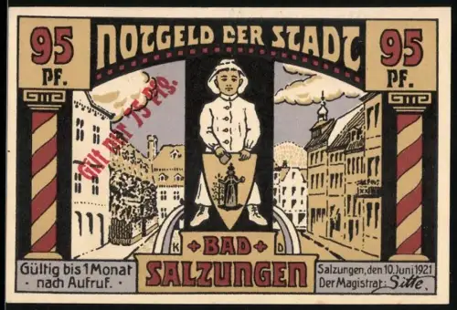 Notgeld Bad Salzungen 1921, 75 Pf., Kind mit Wappen und Portraits zweier Menschen beim Sülzberger Krankenhaus