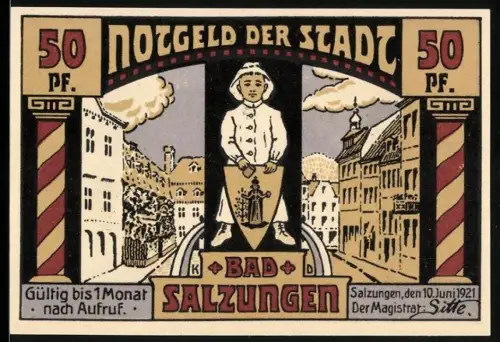 Notgeld Bad Salzungen 1921, 50 Pf, Junge mit Wappen und Ortsansicht, Kurhaus am Seeufer