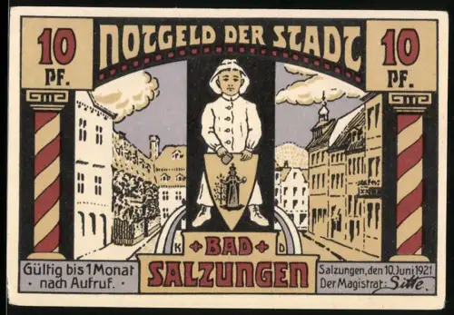 Notgeld Bad Salzungen 1921, 10 Pf, junger Mann mit Wappen und Kinderheilstätte Charlottenhall