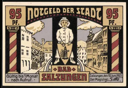 Notgeld Bad Salzungen 1921, 95 Pf, Ortsansicht und Sulzberger Krankenhaus mit Porträts