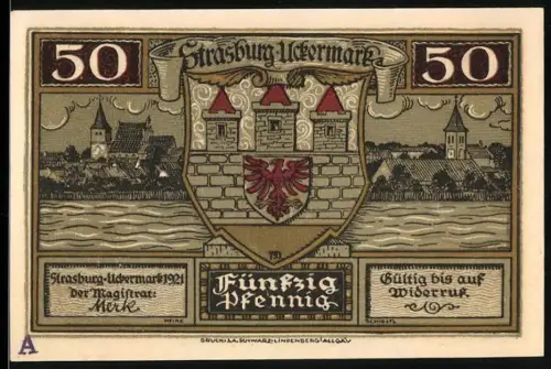 Notgeld Strasburg i. Uckermark 1921, 50 Pfennig, Ortsansicht und Wappen mit Adler, Gebäude im Ackerland