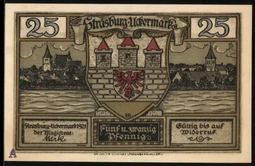 Notgeld Strasburg /Uckermark 1921, 25 Pfennig, Stadtszene mit Wappen und Rathaus