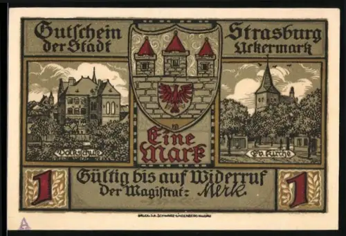Notgeld Strasburg /Uckermark 1919, 1 Mark, Wappen mit Wachen und städtische Gebäude