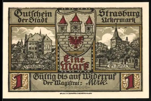 Notgeld Strasburg /Uckermark 1919, 1 Mark, Schulgebäude und Kirche, Wappen und Soldatenfiguren