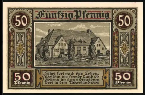 Notgeld Strasburg i. Uckermark 1921, 50 Pfennig, Bauernhaus und Stadtwappen mit Türmen