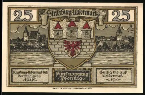 Notgeld Strasburg i.d. Uckermark 1921, 25 Pfennig, Ortsansicht und Rathaus mit Wappen