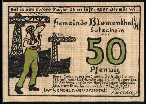Notgeld Blumenthal i. H. 1921, 50 Pfennig, Arbeiter mit Hammer und Frau mit Garnbündel