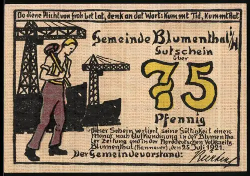 Notgeld Blumenthal i. H. 1921, 75 Pfennig, Arbeiter mit Kran und Frau mit Garnspule