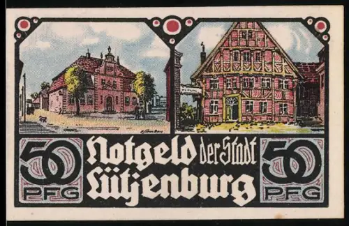 Notgeld Lütjenburg 1921, 50 Pfennig, Fachwerkhaus und Kirche im Stadtbild