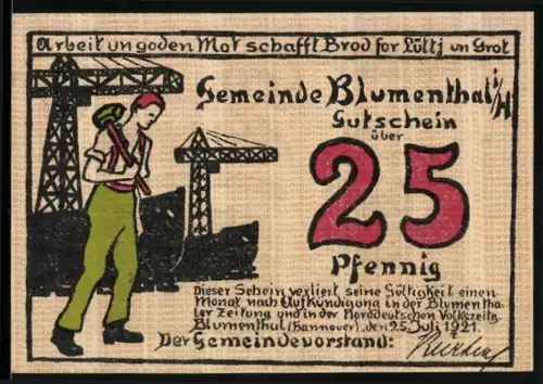 Notgeld Blumenthal /H. 1921, 25 Pfennig, Arbeiter mit Werkzeug und Frau mit Garnballen