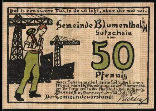 Notgeld Blumenthal i. H. 1921, 50 Pfennig, Arbeiter und Frau mit Spinnmaschine und Sack