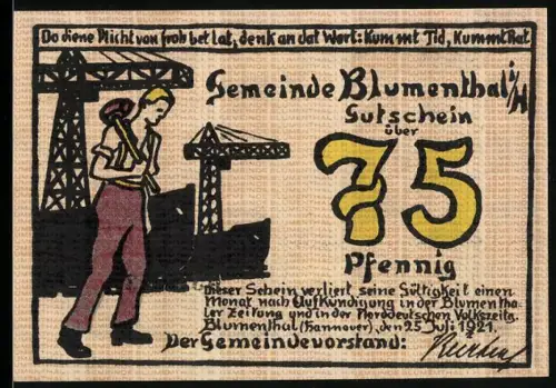 Notgeld Blumenthal i. H. 1921, 75 Pfennig, Arbeiter mit Schaufel und Spinnerei-Motiv