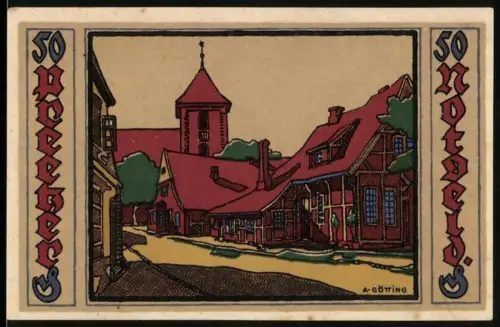 Notgeld Preetz in Holstein, 50 Pfennig, Ortsansicht mit Fachwerkhäusern und Kirchturm, Wappen