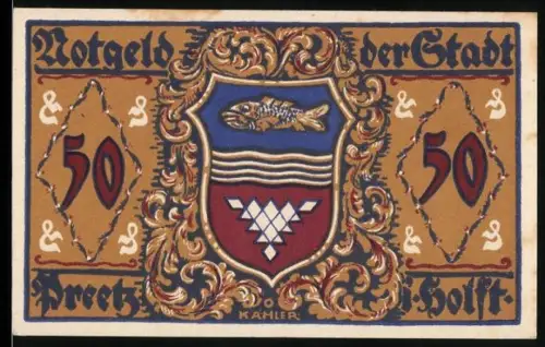 Notgeld Preetz i. Holst., 50, Wappen mit Fisch und Figurenornamenten