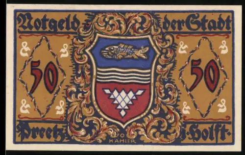 Notgeld Preetz /Holst. 1921, 50 Pfennig, Wappen und Szenen mit Tänzer und Musikant