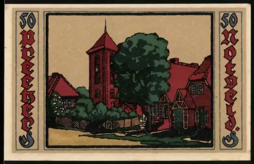 Notgeld Preetz in Holstein, 50 Pfennig, Kirche und Gebäude, Wappen und dekorative Schriftzüge