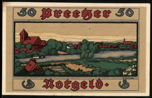 Notgeld Preetz i. Holst., 50 Pfennig, Landschaft mit Kirche und Häusern, rotes Siegel