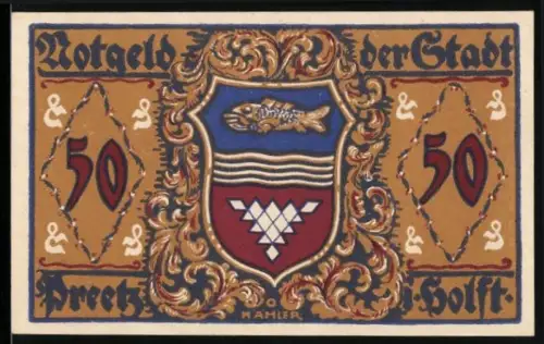 Notgeld Preetz i. Holst., 50 Pf., Wappen mit Fisch und Tänzer-Motiv