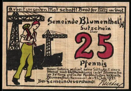 Notgeld Blumenthal /H. 1921, 25 Pfennig, Arbeiter mit Hammer und Frau beim Packen von Garn