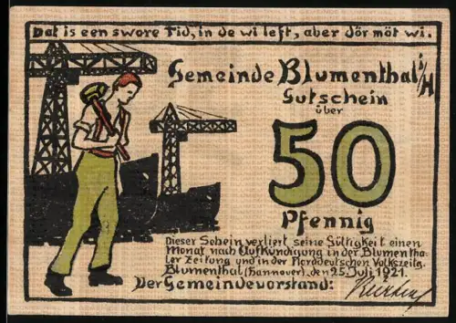 Notgeld Blumenthal i. H. 1921, 50 Pfennig, Arbeiter mit Hammer und Frau mit Garnspule und Ballen