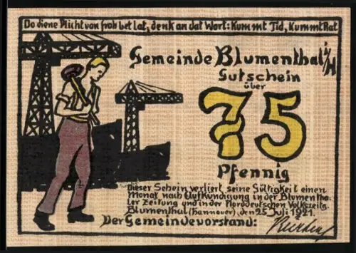 Notgeld Blumenthal i. H. 1921, 75 Pfennig, Arbeiter mit Hämmern und Frau mit Spinnrad