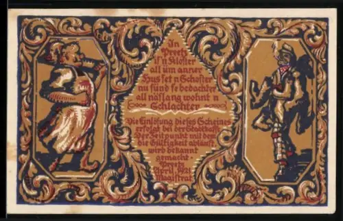 Notgeld Preetz i. Holst, 50 Pf., Tänzer und Musiker, Wappen mit Fisch und Rauten