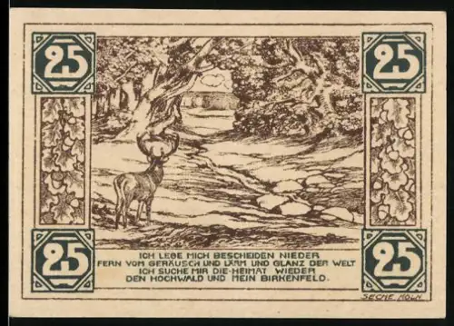 Notgeld Birkenfeld 1921, 25 Pfennig, Hirsch im Wald und Dorfszene mit Kirche