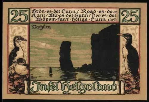 Notgeld Helgoland 1921, 25 Pfennig, Küstenszenerie mit Klippen und Vögeln, Heiligenfigur und Wappen
