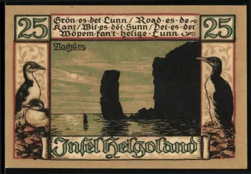 Notgeld Helgoland 1921, 25 Pfennig, Küstenlandschaft mit Vögeln und Heiliger mit Wappen und Fischen