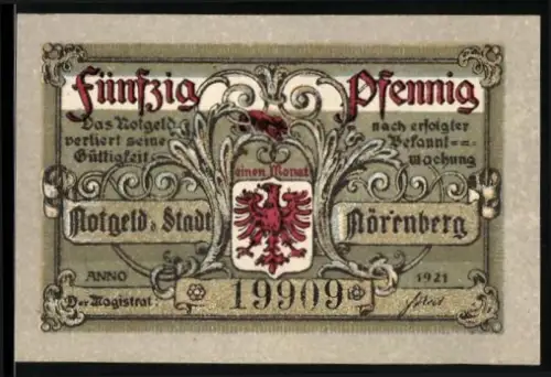 Notgeld Nörenberg 1921, 50 Pfennig, Frau in Landschaft mit Baum und Ortsansicht, Wappen