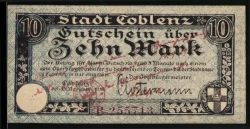 Notgeld Coblenz 1921, 10 Mark, historische Brücke und Gebäude, Wappen von Coblenz