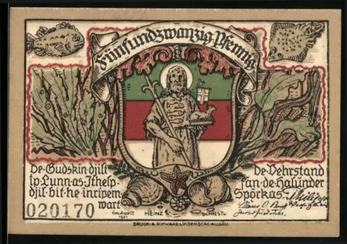 Notgeld Helgoland 1921, 25 Pfennig, Heiliger mit Wappen und Küstenlandschaft mit Tieren
