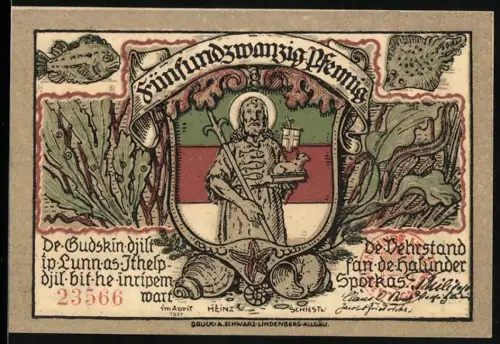 Notgeld Helgoland 1921, 25 Pfennig, Heiliger mit Wappen und Felsenlandschaft