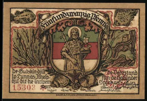 Notgeld Helgoland 1921, 25 Pfennig, Heiligenfigur und Küstenlandschaft mit Vögeln