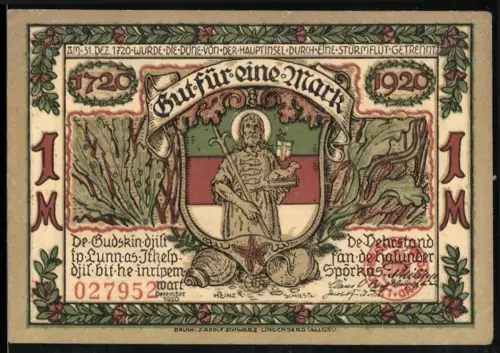 Notgeld Helgoland 1920, 1 Mark, Küstenlandschaft mit Möwen und Heiliger mit Wappen