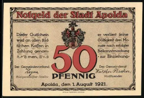 Notgeld Apolda 1921, 50 Pfennig, Wappen und Glockenproduktion in Apolda