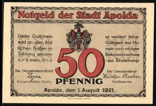 Notgeld Apolda 1921, 50 Pfennig, mit Wappen und Textilmaschine-Motiv
