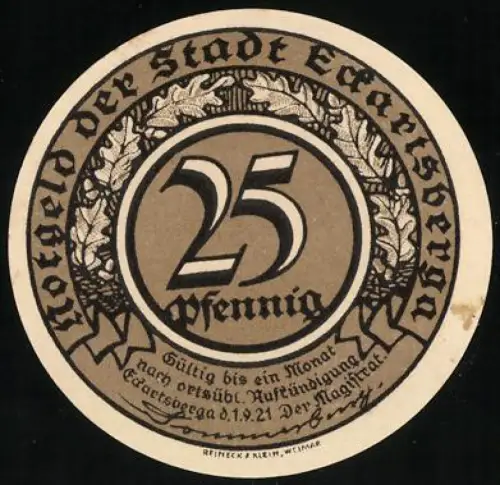 Notgeld Eckartsberga 1921, 25 Pfennig, Kranzmotiv und patriotisches Gedicht von Strachwitz