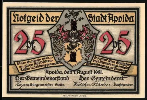 Notgeld Apolda 1921, 25 Pfennig, Wappen und Silhouetten von Frauen mit Hund