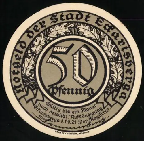 Notgeld Eckartsberga 1921, 50 Pfennig, Porträt eines Mannes und dekoratives Muster