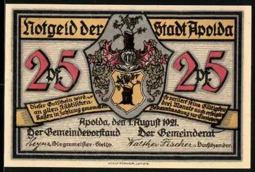 Notgeld Apolda 1921, 25 Pfennig, Wappen und stilisierte Szene mit Frauen und Mann in Silhouette