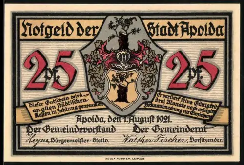 Notgeld Apolda 1921, 25 Pf, Stadtwappen und tanzende Silhouetten mit Windmühle und Spruch