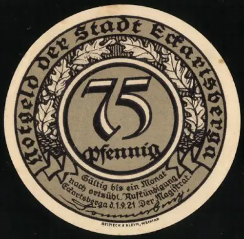 Notgeld Eckartsberga 1921, 75 Pfennig, Porträt einer Frau mit dekorativem Rahmen