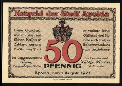 Notgeld Apolda 1921, 50 Pfennig, Schloss und Wappen von Apolda