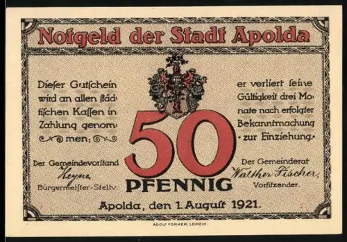 Notgeld Apolda 1921, 50 Pfennig, Ortsansicht mit Kirche und Wappen