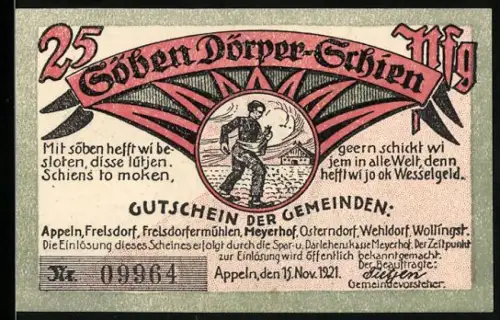 Notgeld Appeln 1921, 25 Pfennig, Bauer bei der Feldarbeit und Ritter mit Knechten