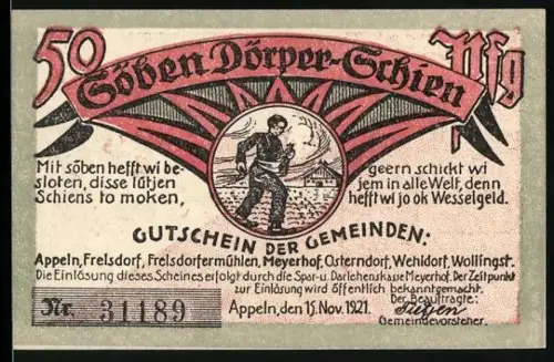 Notgeld Appeln 1921, 50 Pfennig, Bauern mit Dokumenten und ländliche Szene im Hintergrund