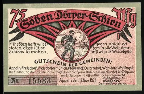 Notgeld Appeln 1921, 75 Pfennig, Bauer mit Feld und Fabrik, Die Jestet-Zeit