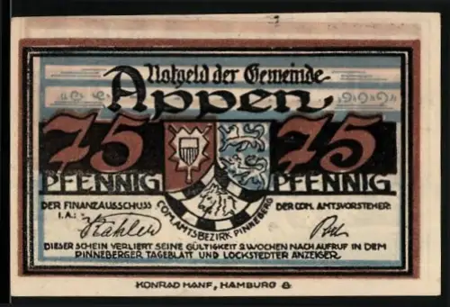Notgeld Appen, 75 Pfennig, Wappen und Landschaft mit Feldern und Bäumen